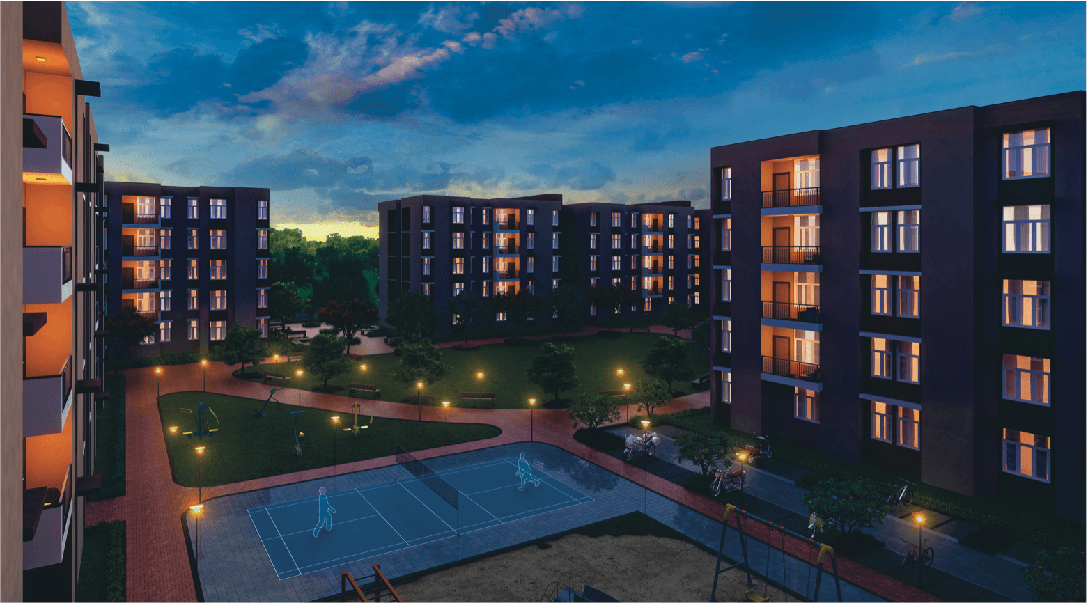 H-CARE apartments at night overlooking tennis court